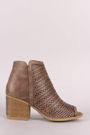 Qupid Perforated Peep Toe Chunky Heeled Ankle Boots